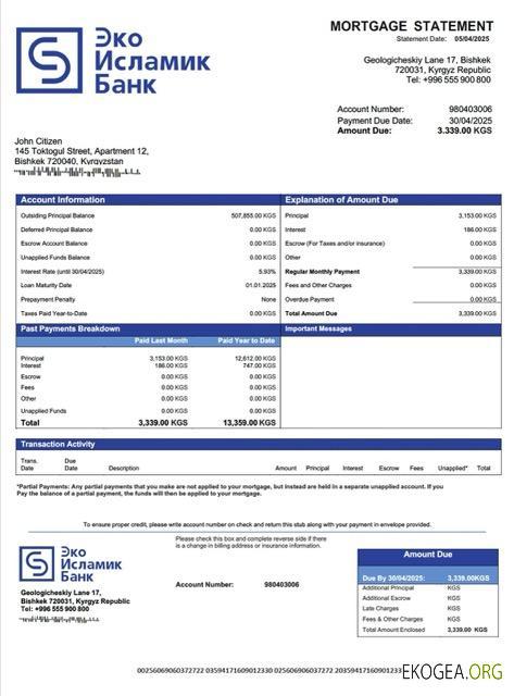 Modèle Word et PDF de relevé hypothécaire EcoIslamicBank du Kirghizistan